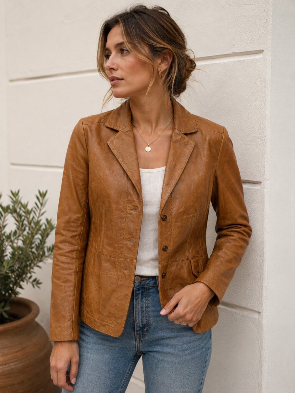 Vintage Ecru Cognac Leather Blazer Jacket Womens Small Tailored Soft Leather
